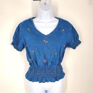 At Last NY Denim Milk Maid Top Shirt Women Size Medium